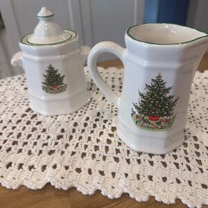 Pfaltzgraff Holiday Creamer and Sugar Set with Christmas Tree Design